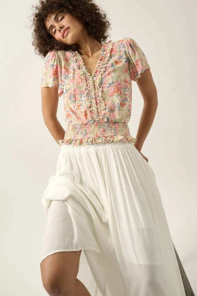 Watercolor Daydream Ruffled Floral Crepe Blouse