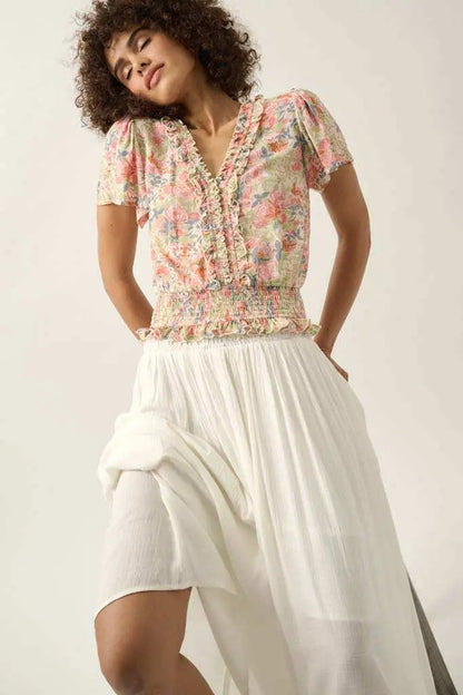 Watercolor Daydream Ruffled Floral Crepe Blouse