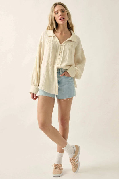 Wild Oats Crinkle Cotton Raw-Edge Button-Up Shirt
