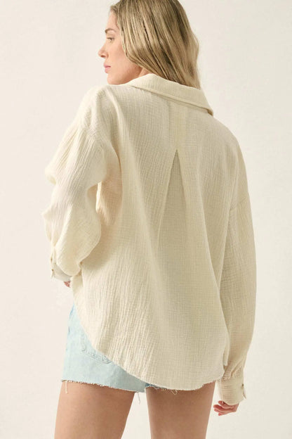 Wild Oats Crinkle Cotton Raw-Edge Button-Up Shirt