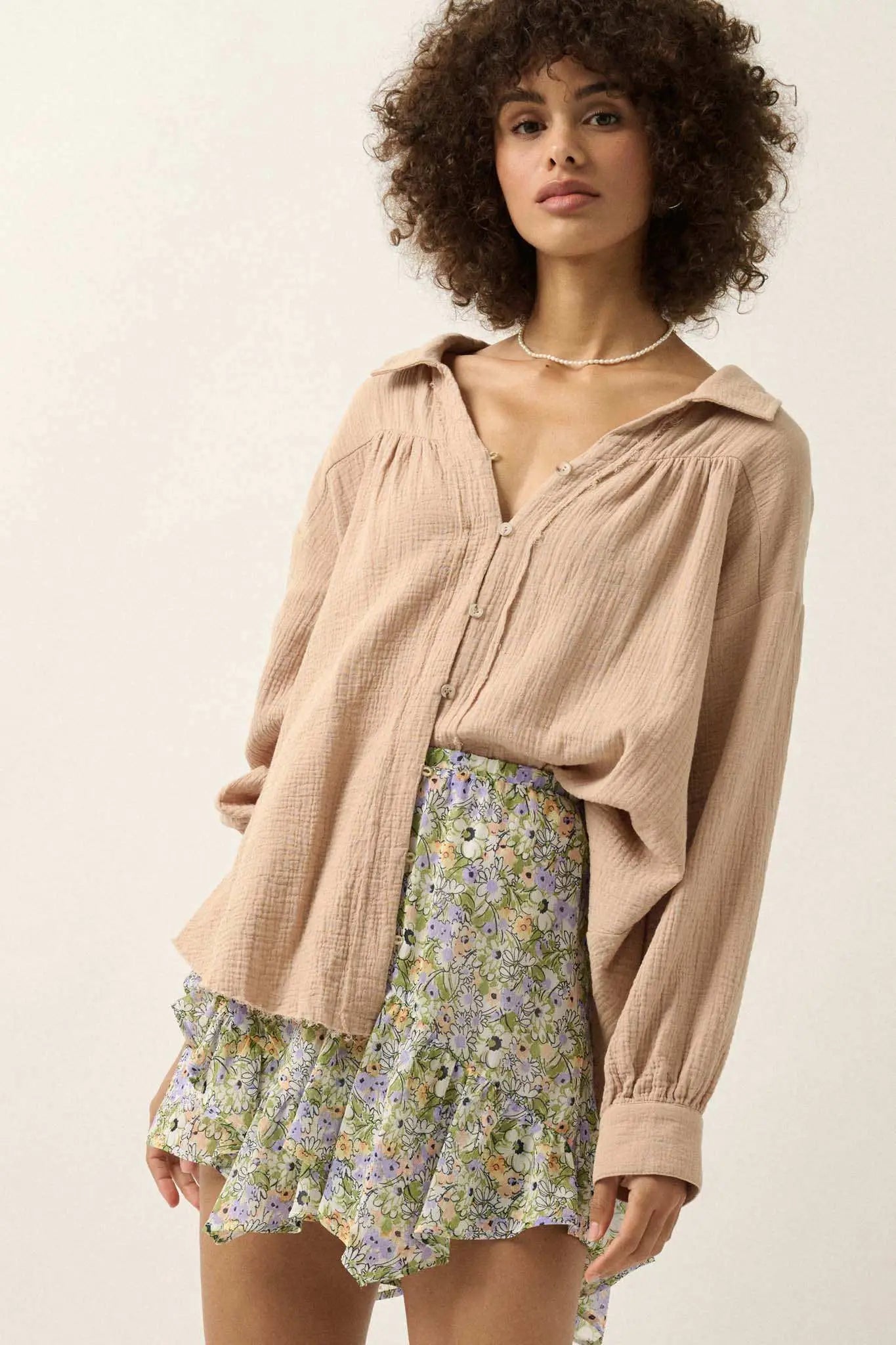 Wild Oats Crinkle Cotton Raw-Edge Button-Up Shirt