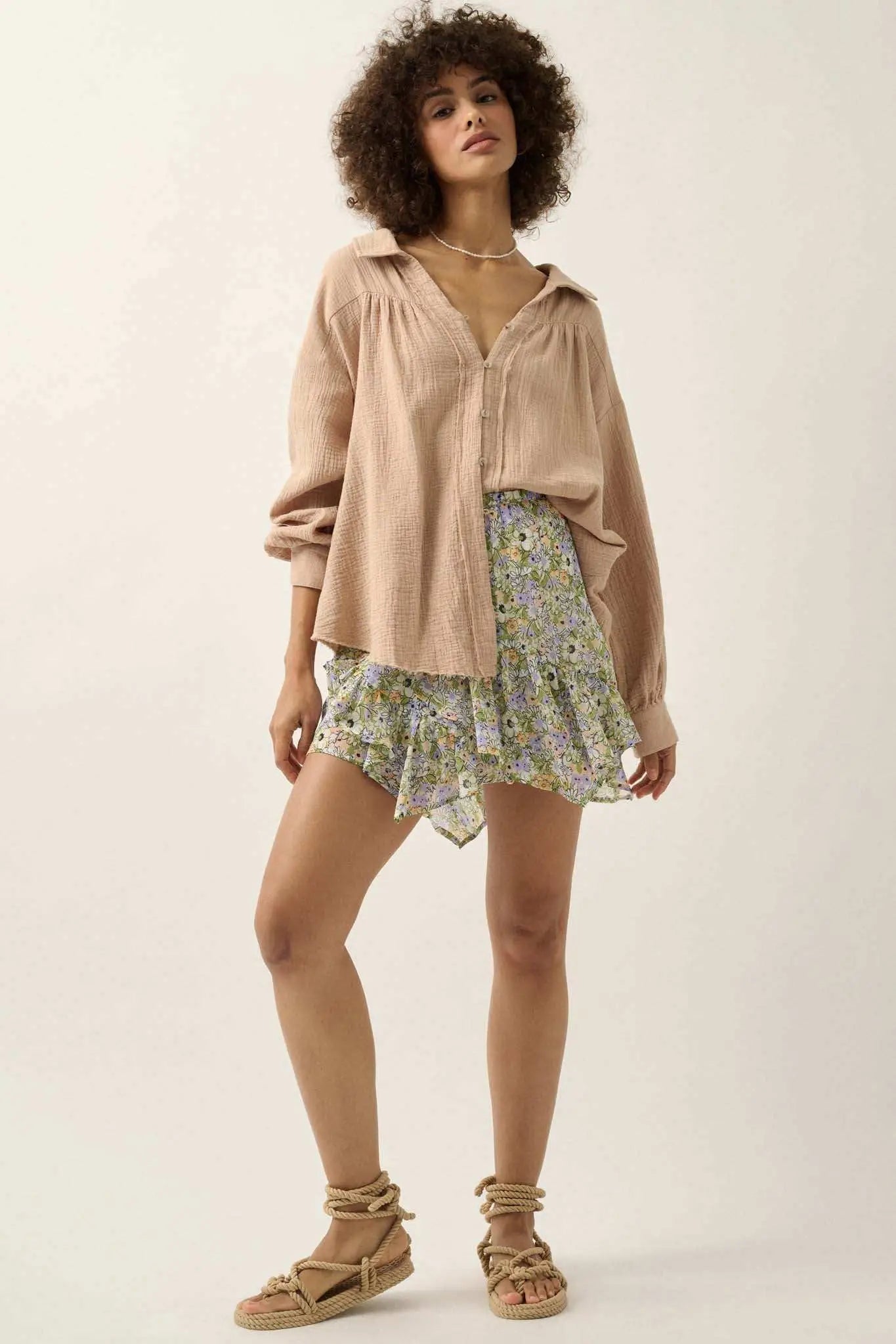 Wild Oats Crinkle Cotton Raw-Edge Button-Up Shirt