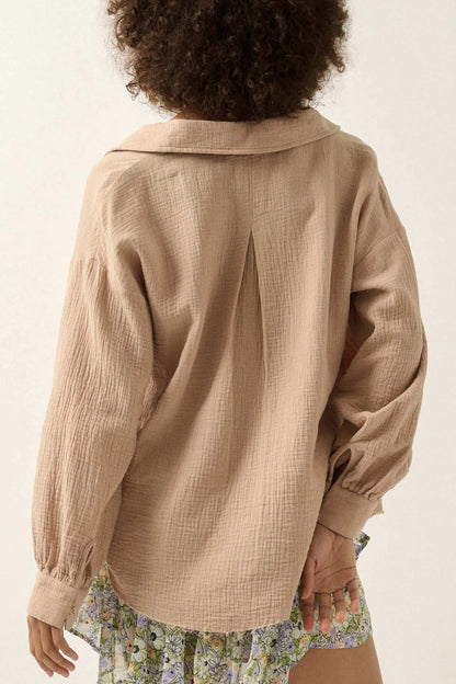 Wild Oats Crinkle Cotton Raw-Edge Button-Up Shirt