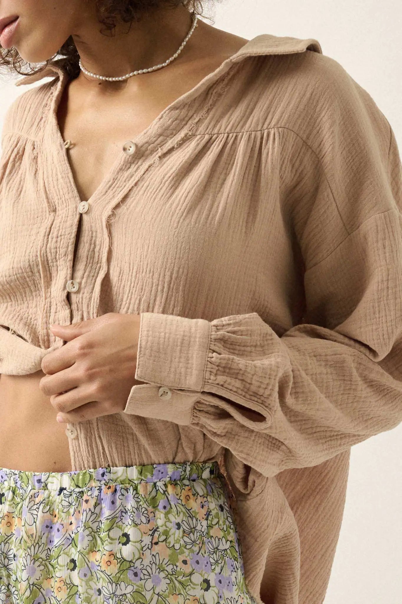 Wild Oats Crinkle Cotton Raw-Edge Button-Up Shirt