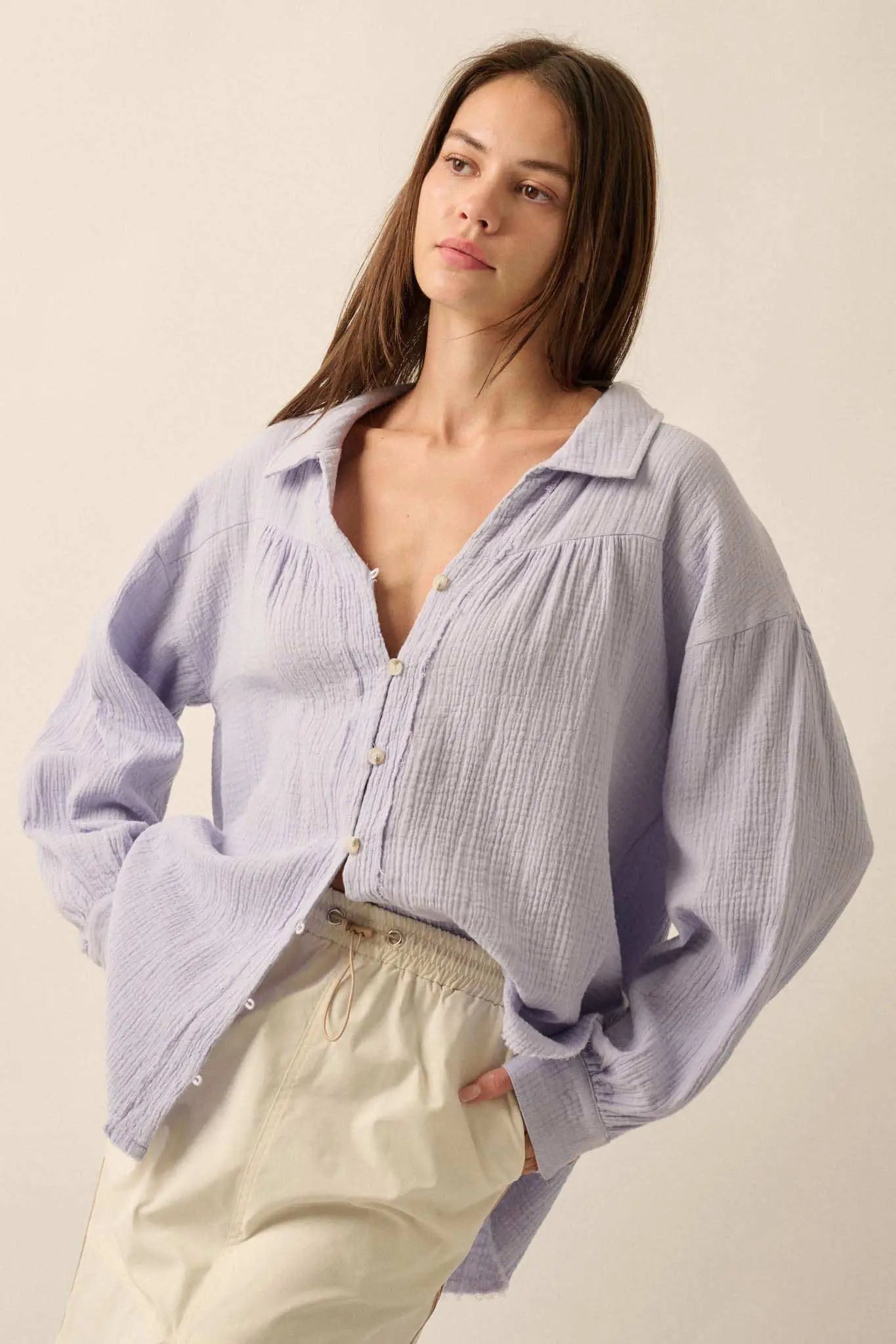 Wild Oats Crinkle Cotton Raw-Edge Button-Up Shirt