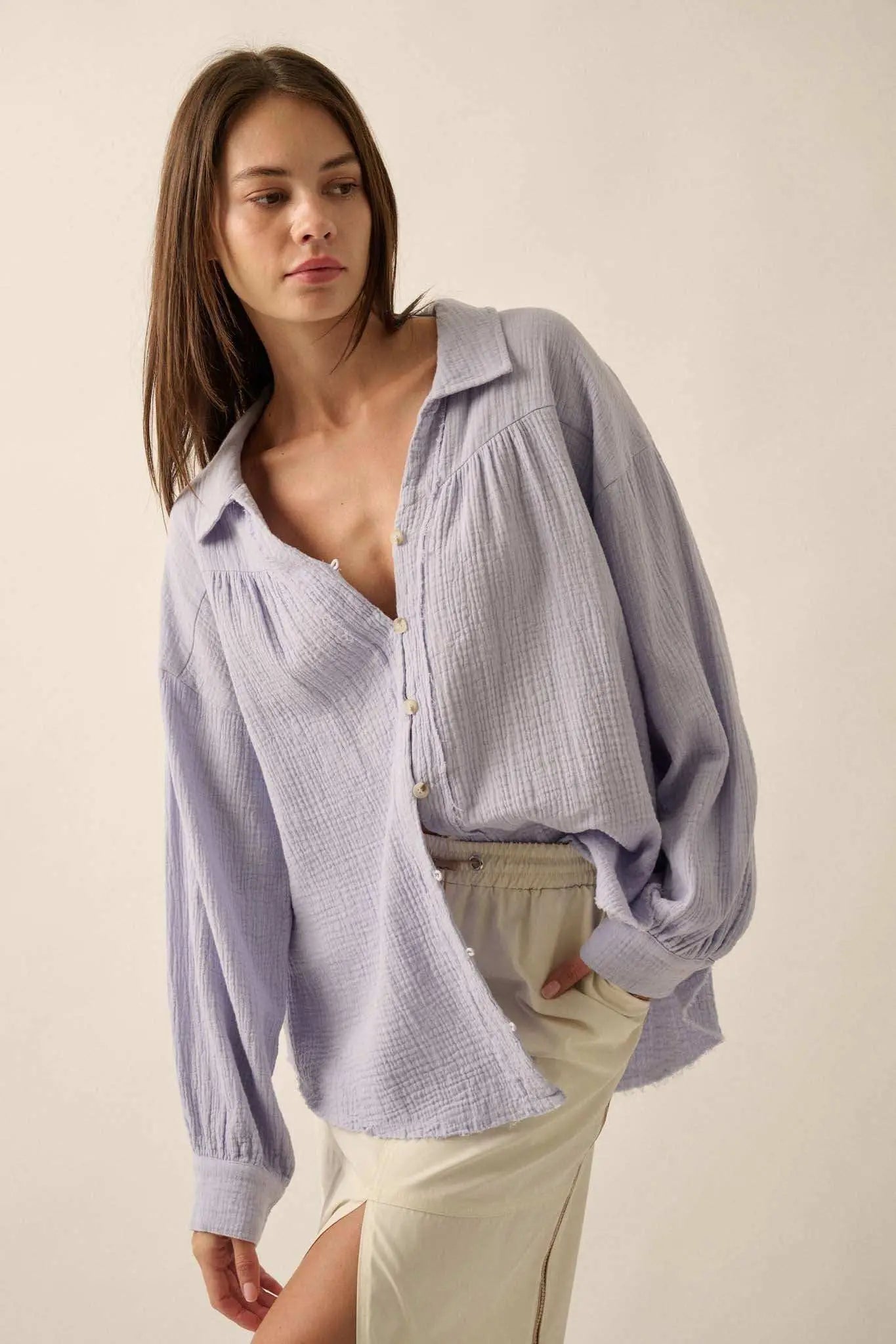 Wild Oats Crinkle Cotton Raw-Edge Button-Up Shirt