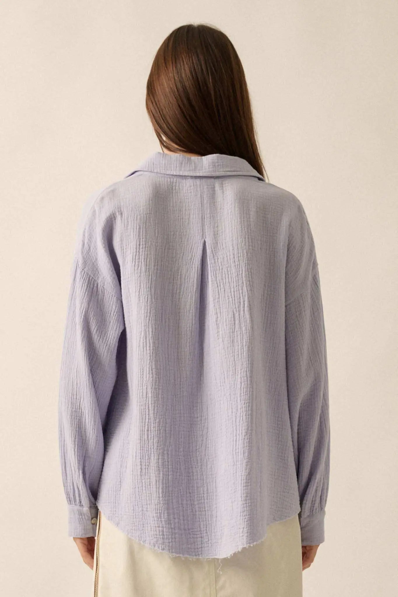 Wild Oats Crinkle Cotton Raw-Edge Button-Up Shirt