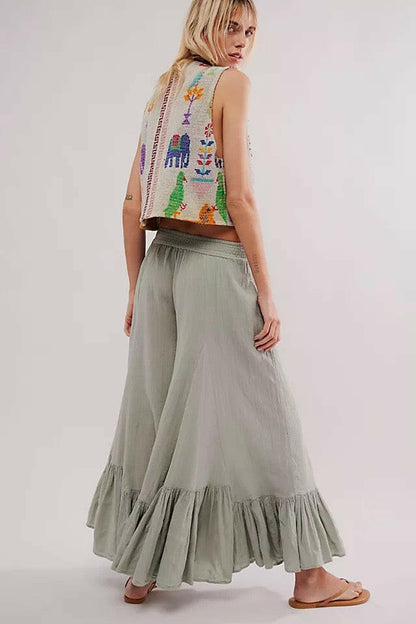 Willow Breeze Wide-Leg Boho Ruffle Pants