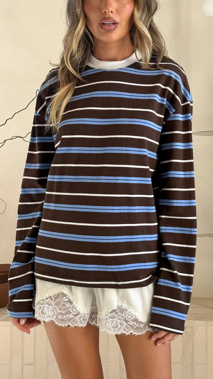 Raya Long Sleeve Top - Blue/Brown Stripe