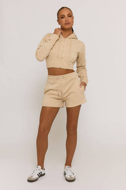 Beige Zip Through Hoodie and Short Lounge Set - Frances