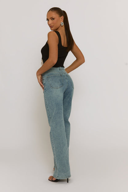 Acid Wash Blue Asymmetric Waist Wide Leg Jeans - Christi