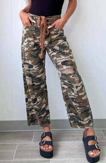 Camouflage Print Splashed Distressed Loose Denim Pants