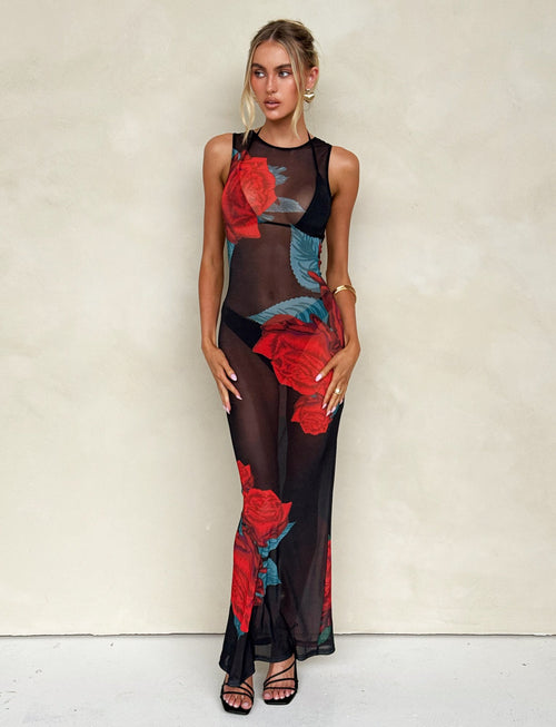 JOZIE THREE PIECE DRESS - BLACK : MACRO ROSE - RED ROSE
