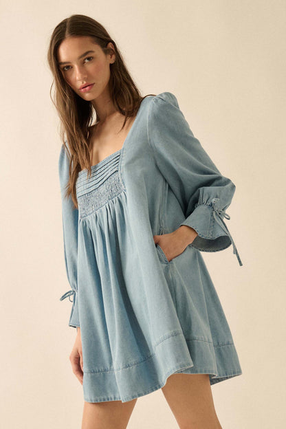 Dreaming in Denim Long-Sleeve Babydoll Mini Dress