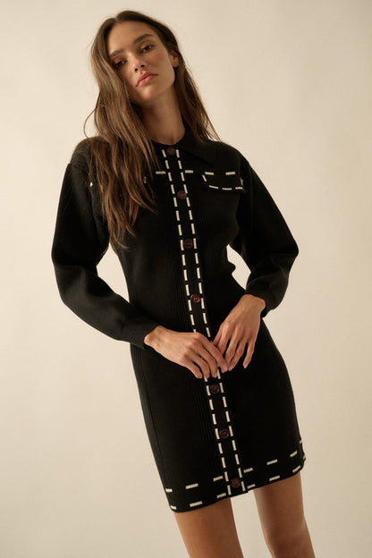 Stitch Perfect Collared Mini Sweater Shirt Dress