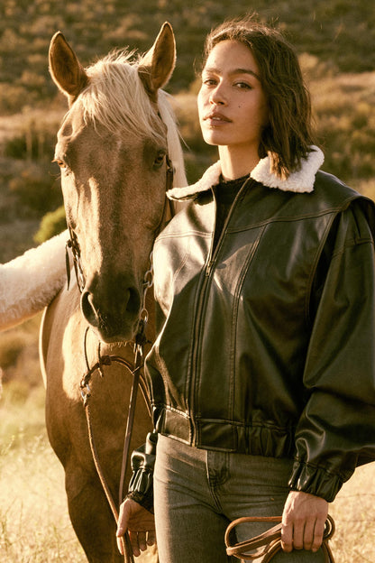 Taking Flight Fleece-Collar Faux Leather Jacket