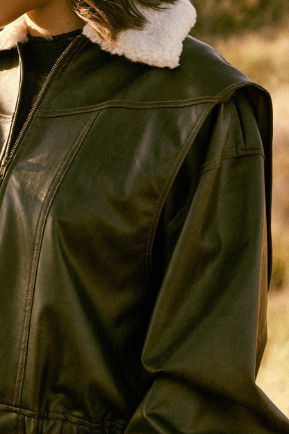 Taking Flight Fleece-Collar Faux Leather Jacket