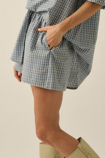 Sunny Sunday Plaid Seersucker Pleated Shorts
