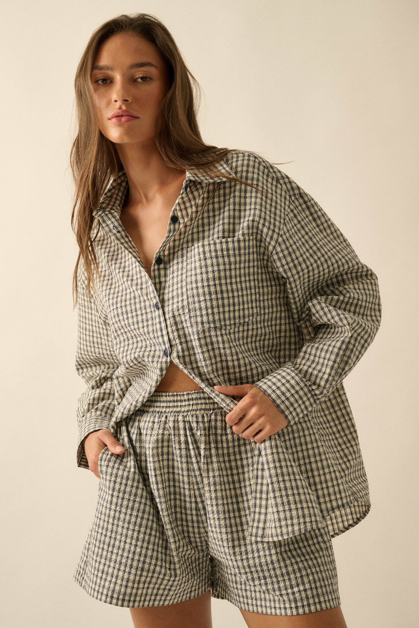 Sunny Sunday Plaid Seersucker Pleated Shorts