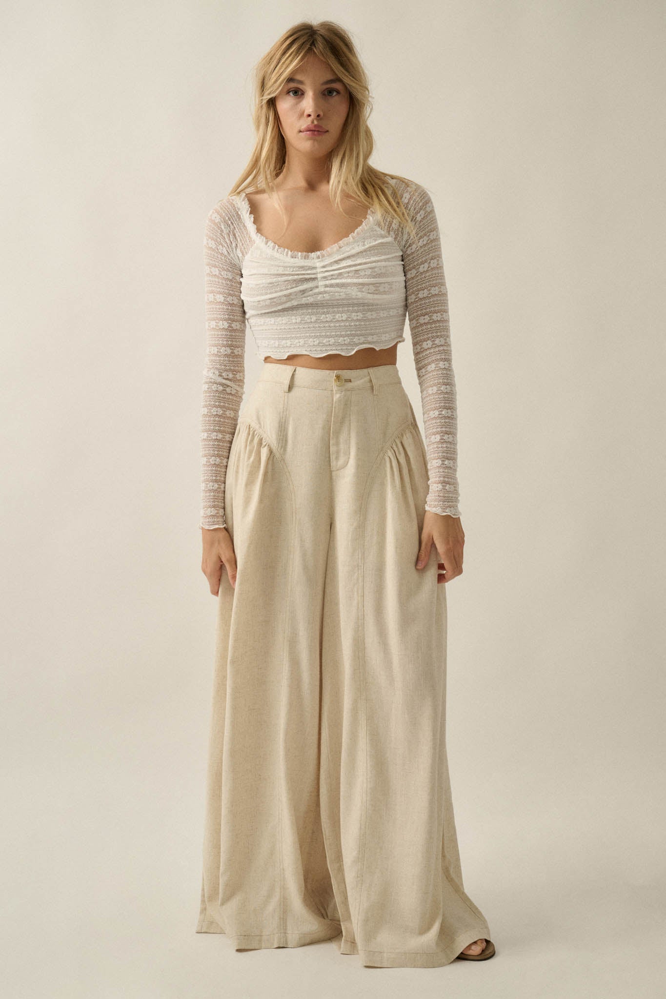 Natural Habitat Linen-Blend Gathered Wide-Leg Pants