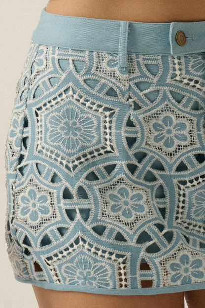 Breeze on By Cutout Embroidered Denim Skort