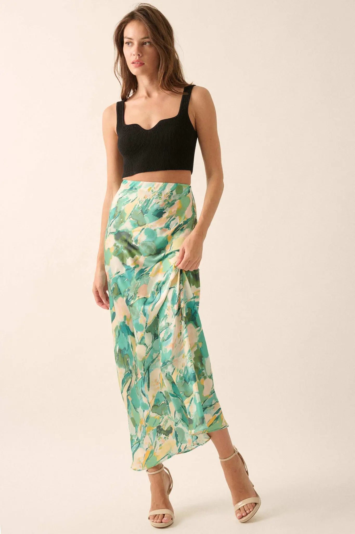Dream Weaver Abstract-Print Satin Maxi Skirt