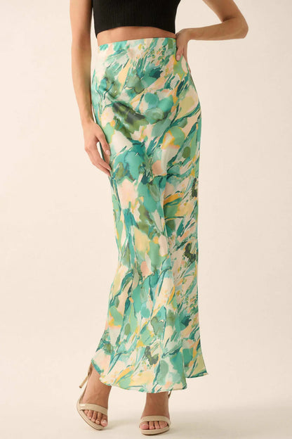 Dream Weaver Abstract-Print Satin Maxi Skirt