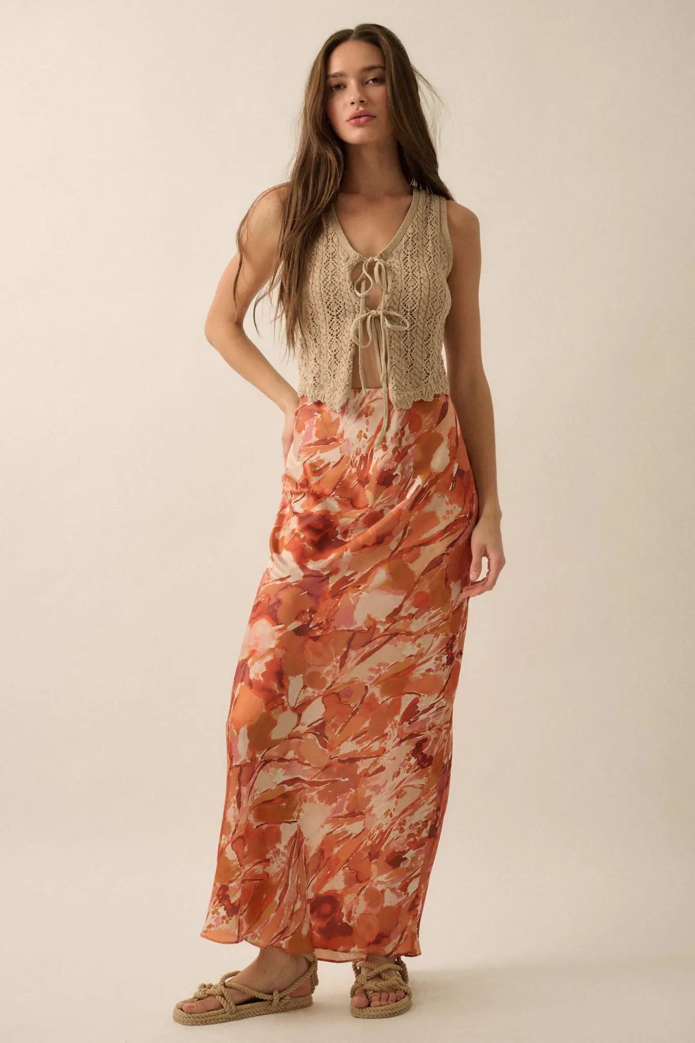 Dream Weaver Abstract-Print Satin Maxi Skirt