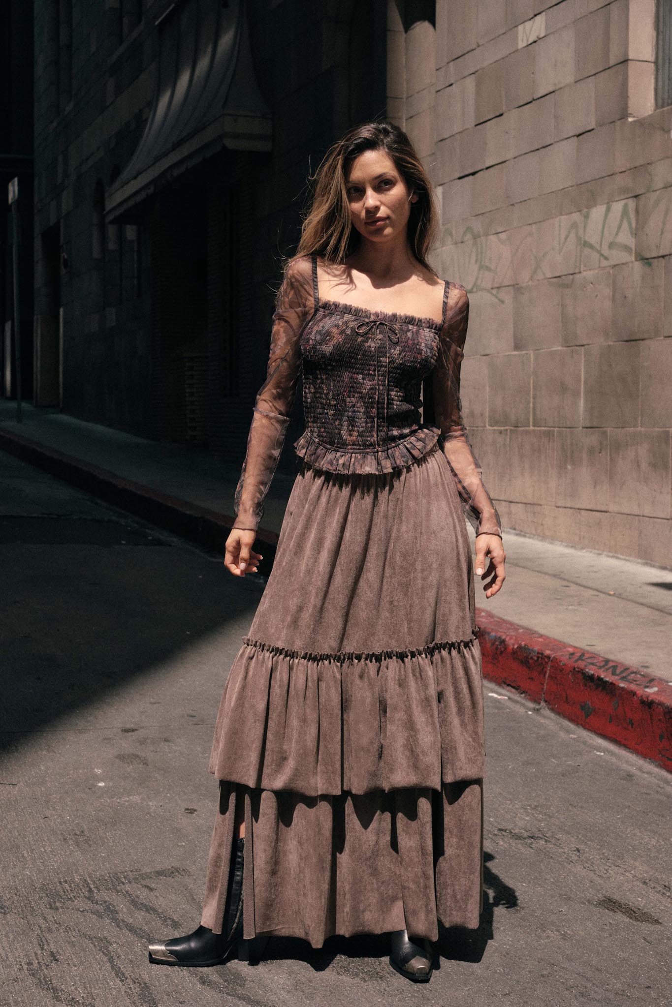 Tender Touch Vegan Suede Tiered Ruffle Maxi Skirt