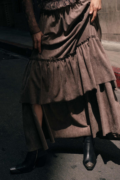 Tender Touch Vegan Suede Tiered Ruffle Maxi Skirt