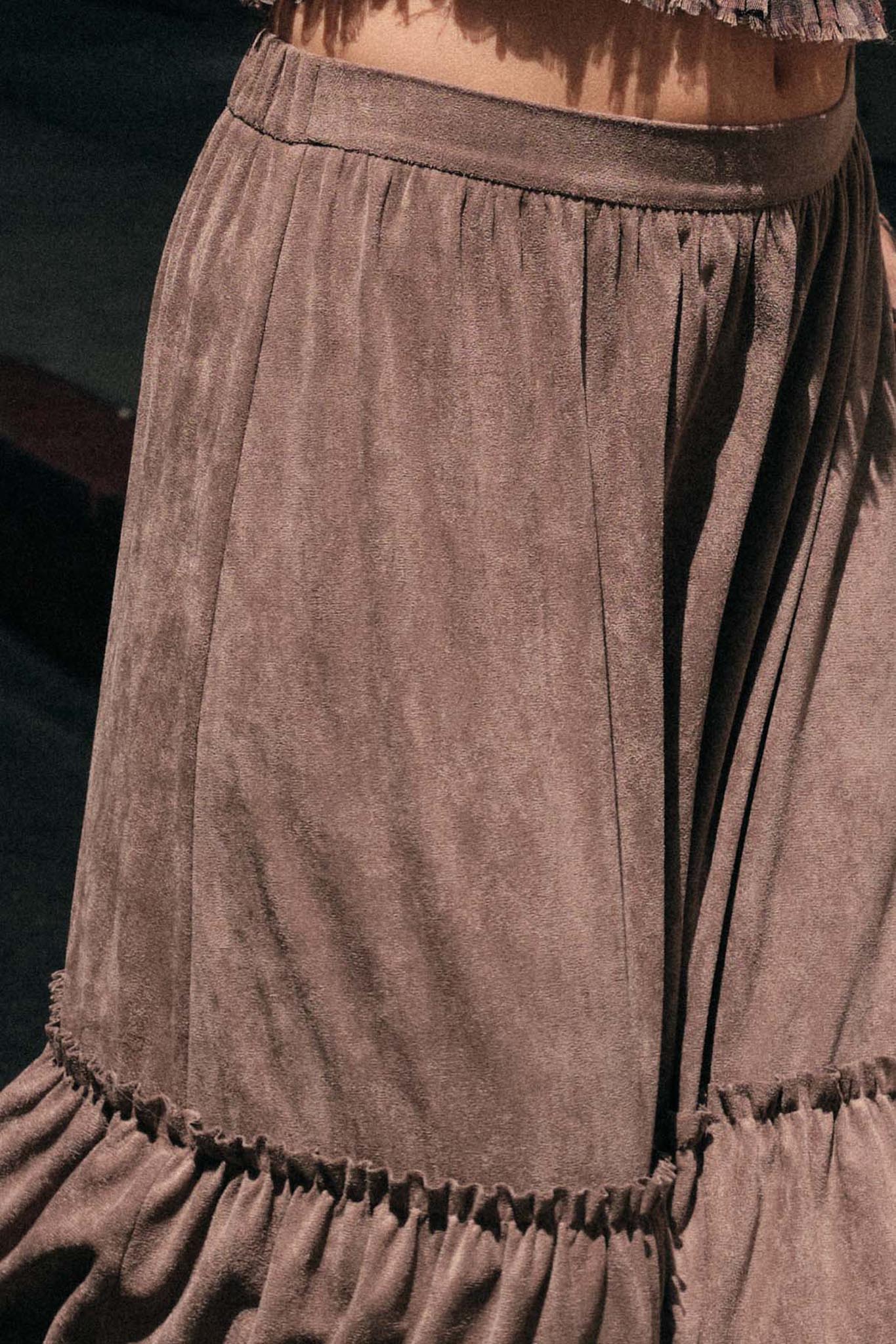 Tender Touch Vegan Suede Tiered Ruffle Maxi Skirt
