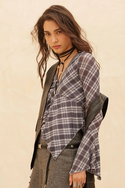 Check You Out Plaid Bell-Sleeve Handkerchief Top