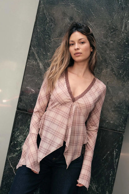 Check You Out Plaid Bell-Sleeve Handkerchief Top