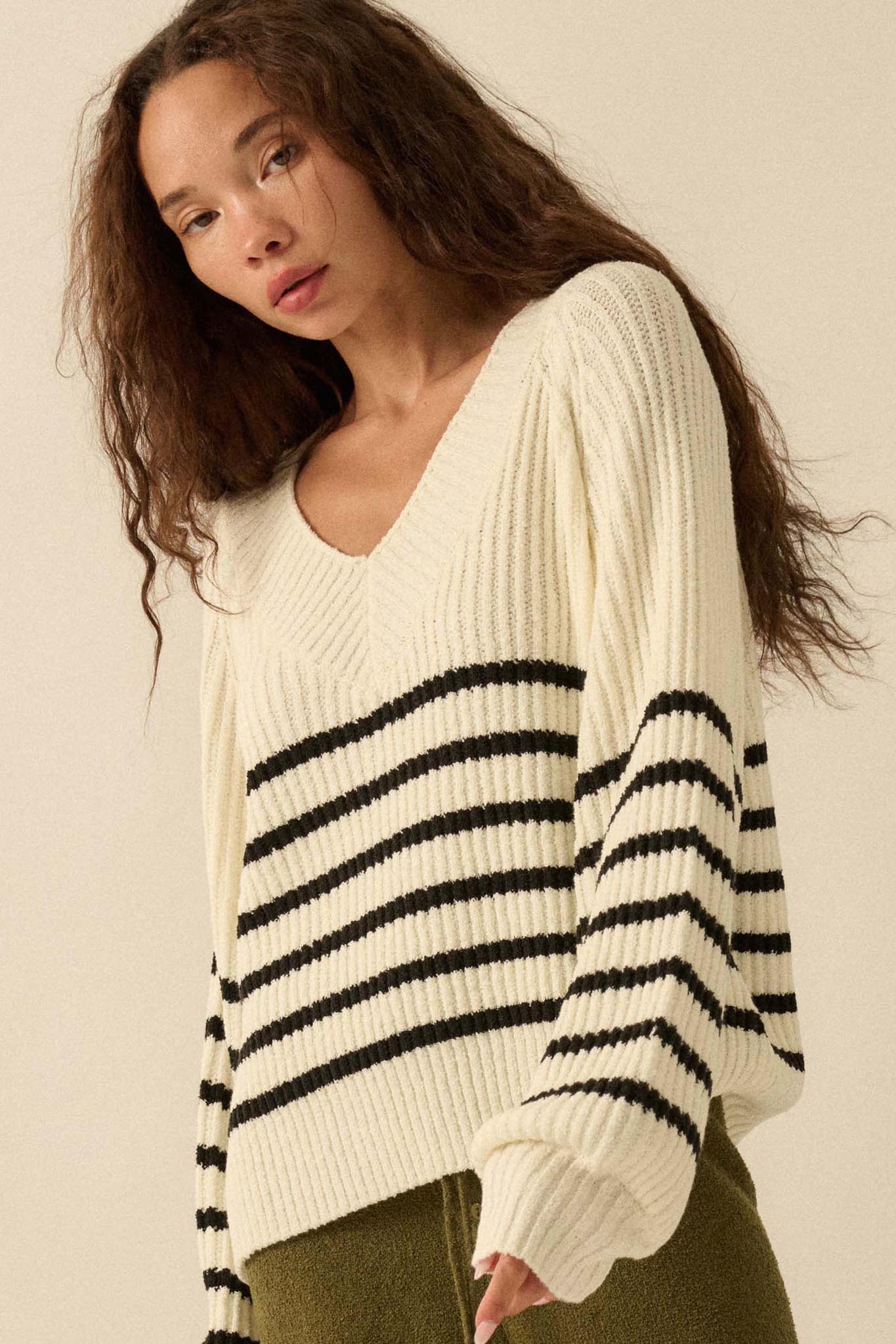 Promise the Label Striped Rib-Knit V-Neck Sweater