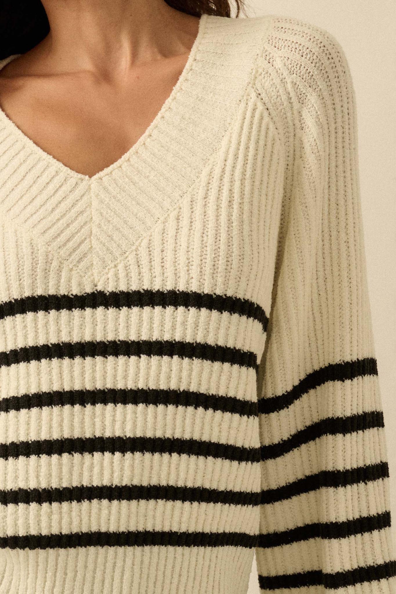 Promise the Label Striped Rib-Knit V-Neck Sweater