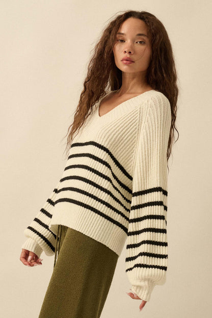 Promise the Label Striped Rib-Knit V-Neck Sweater