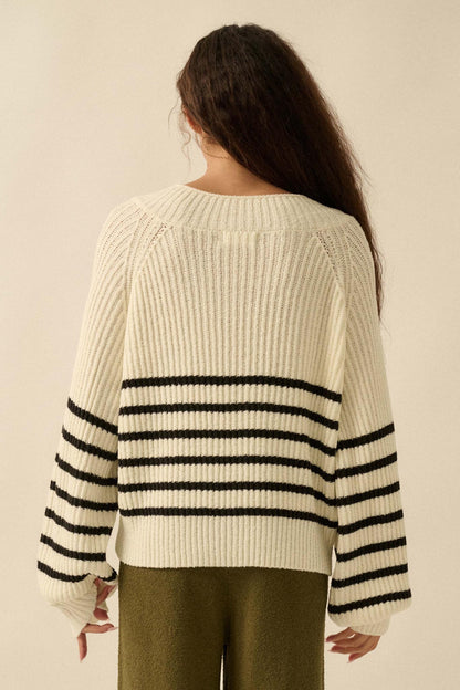 Promise the Label Striped Rib-Knit V-Neck Sweater