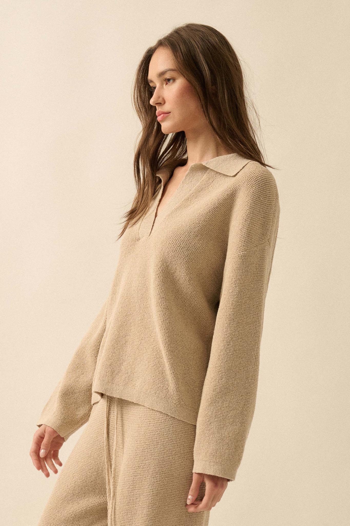 Looking Good Textured Knit Collared V-Neck Sweater