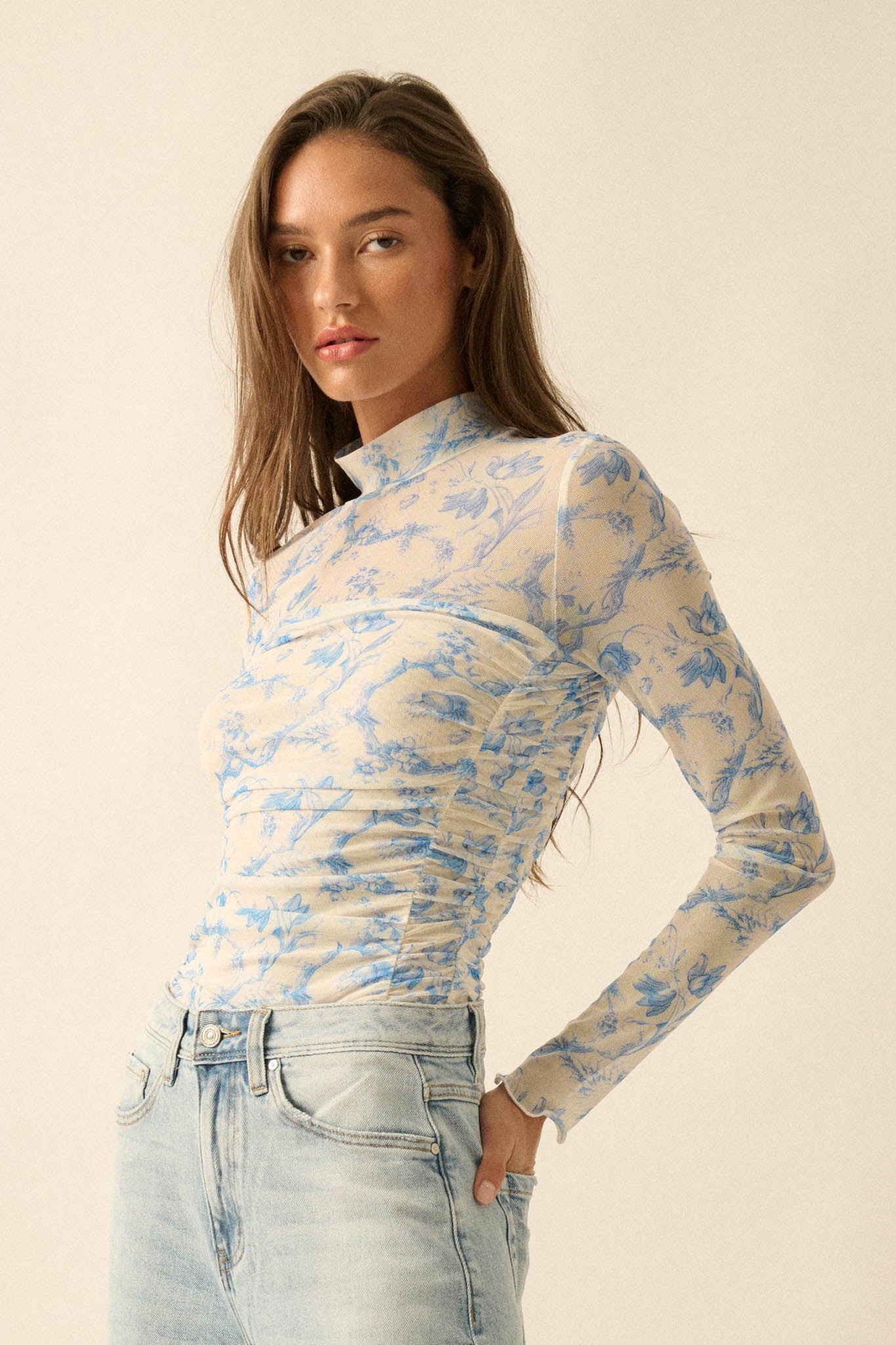 Fleur du Jour Floral-Print Mesh Ruched Bodysuit