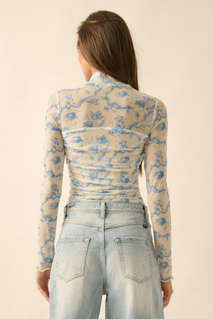 Fleur du Jour Floral-Print Mesh Ruched Bodysuit
