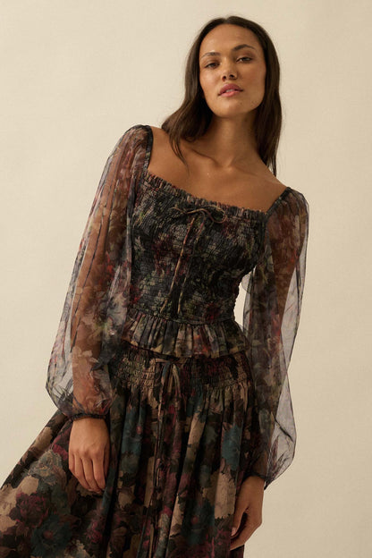 Bohemian Bliss Smocked Floral Tulle Peasant Top