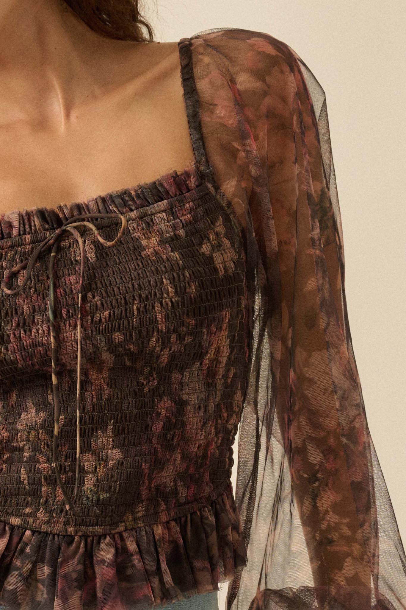 Bohemian Bliss Smocked Floral Tulle Peasant Top