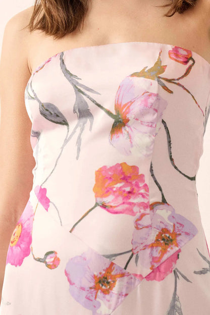 Eternal Spring Floral Satin Strapless Maxi Dress
