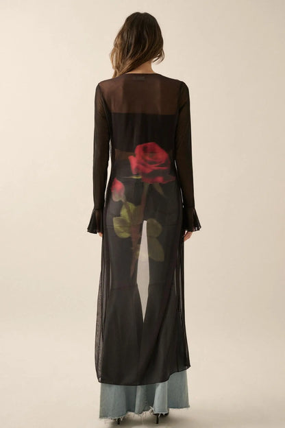 Wild Rose Mesh Back-Print Duster Kimono Cardigan