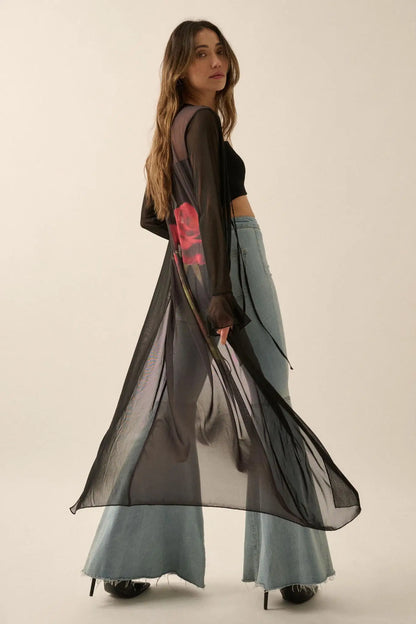 Wild Rose Mesh Back-Print Duster Kimono Cardigan