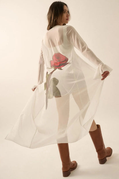 Wild Rose Mesh Back-Print Duster Kimono Cardigan