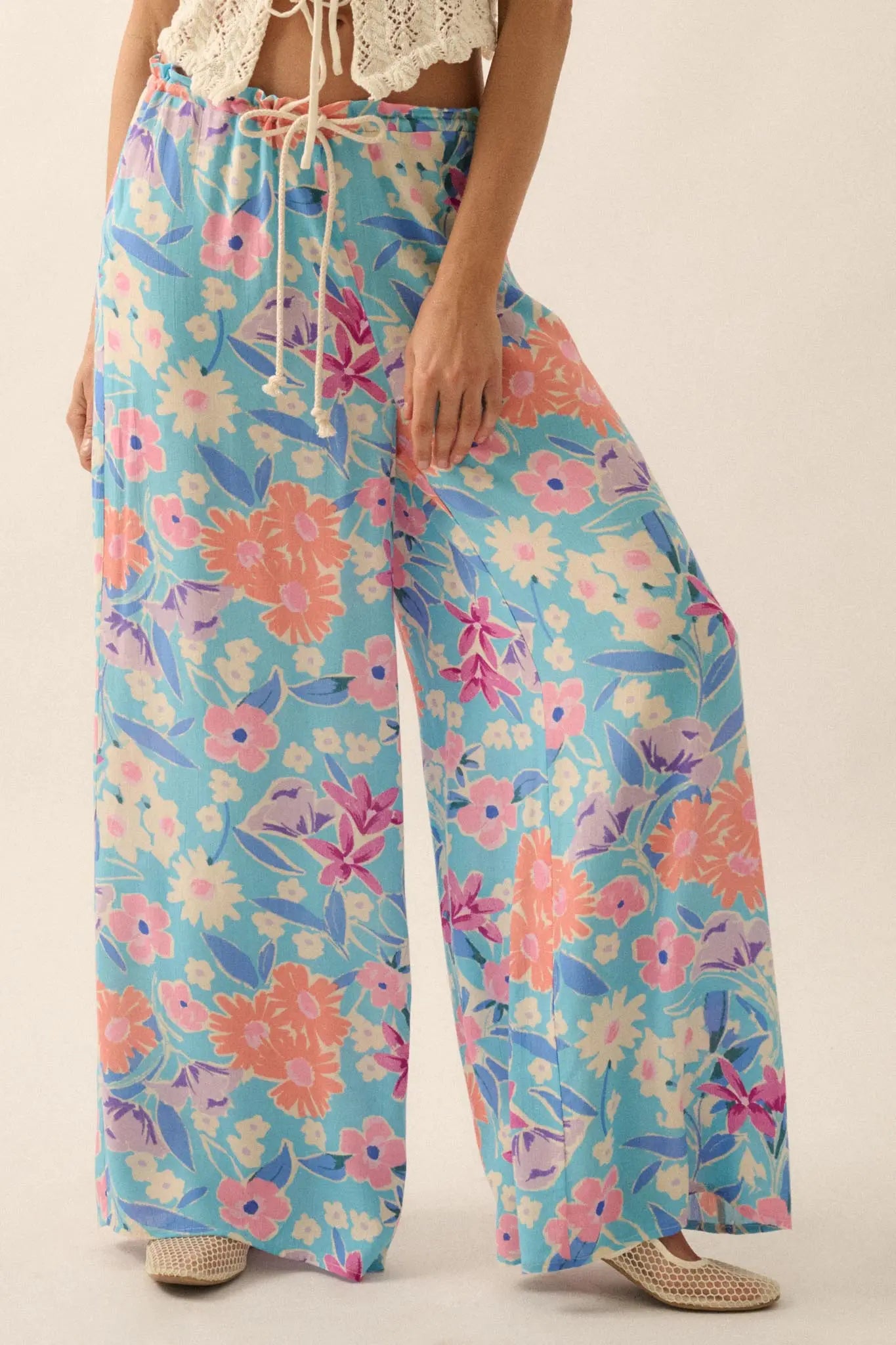 Let It Grow Floral Crepe Wide-Leg Drawstring Pants