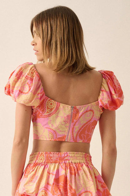 Sweet Sorbet Floral Paisley Puff-Sleeve Corset Top