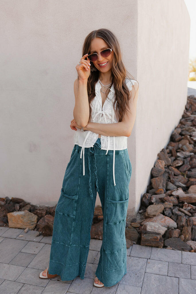Seaside Breeze Mineral Wash Wide Leg Cropped Pants